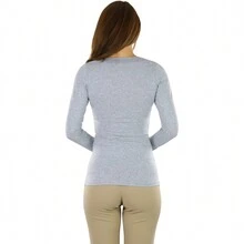 ToBeInStyle Women's Cotton Long Sleeve T-Shirts - V 領 - 希瑟灰色 - 查看 5