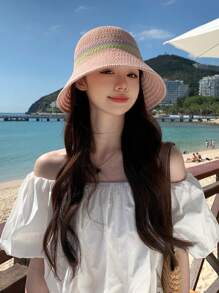 波西米亞風格1入女款高爾文字母編織漏斗帽，防紫外線，適合戶外活動、旅遊、度假和沙灘，男女適用，適合春夏日常配戴，附蝴蝶結 - 拼色 - 查看 15