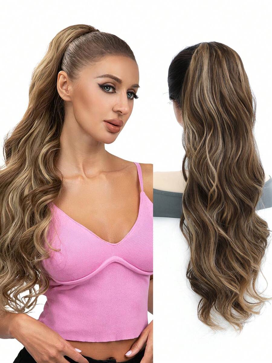 26英寸長熱防合成順滑馬尾辮,灰褐色和灰金色突出部分女士蓬鬆波浪式假髮 - 間色 - 查看 1