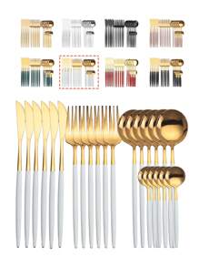 24 件不锈钢餐具套装，包括刀、叉、勺和咖啡勺，6 人份学校用品，圣诞礼物 - 白色 - 查看 12