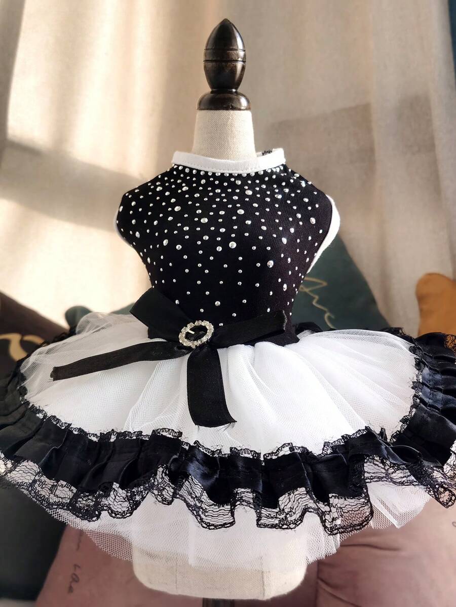 1pc Cute Black & White Diamond-Studded Pet Dress Suitable For Weddings, Photography, Outings, Etc. - Black - View 1