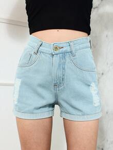Women Denim Shorts - 淺色水洗藍 - 查看 10
