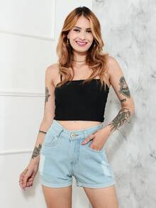 Women Denim Shorts - 淺色水洗藍 - 查看 2