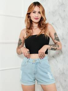 Women Denim Shorts - 淺色水洗藍 - 查看 4