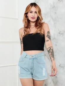 Women Denim Shorts - 淺色水洗藍 - 查看 3