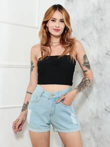 Women Denim Shorts - 淺色水洗藍 - 查看 1