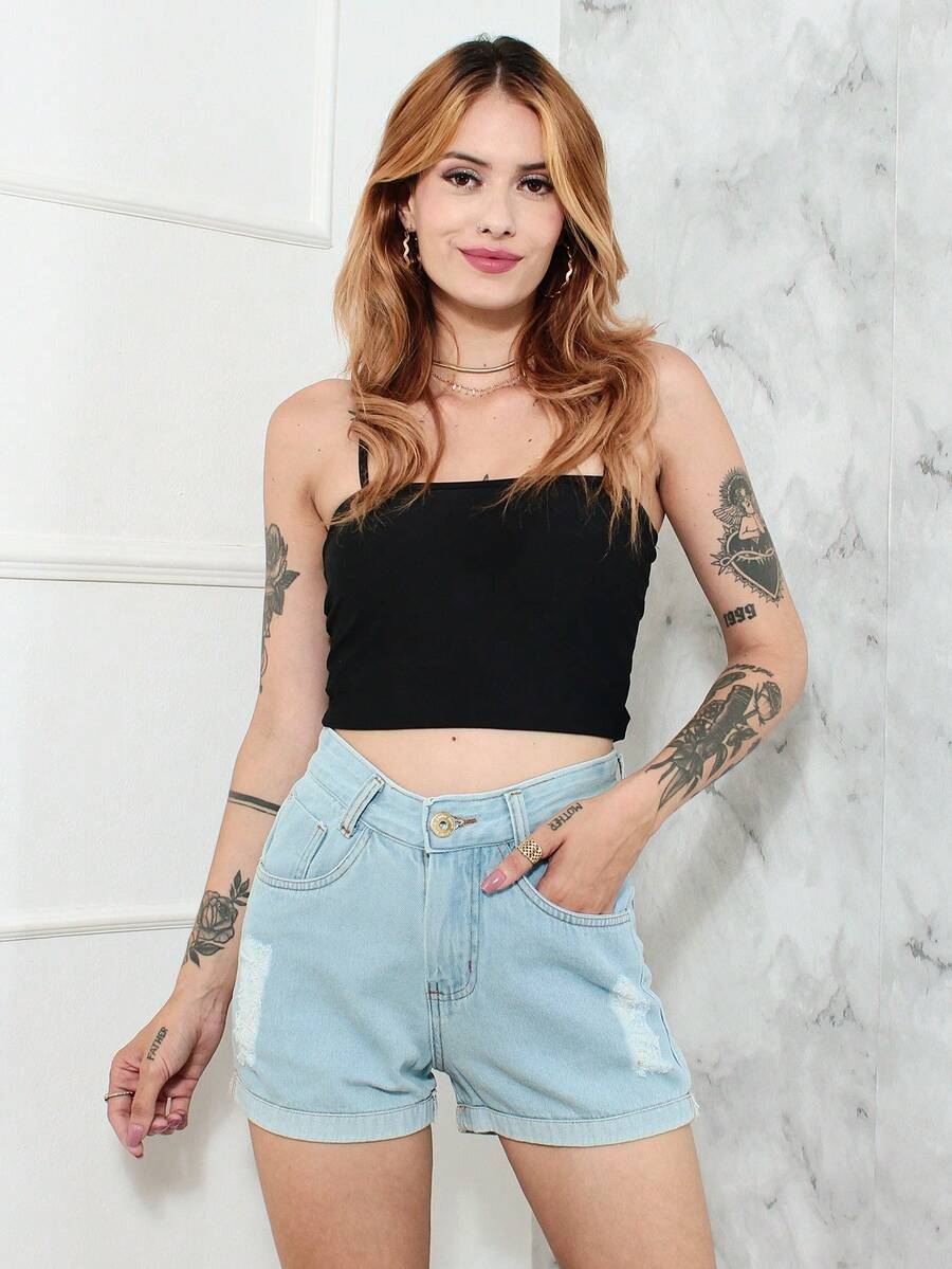 Women Denim Shorts - 淺色水洗藍 - 查看 1