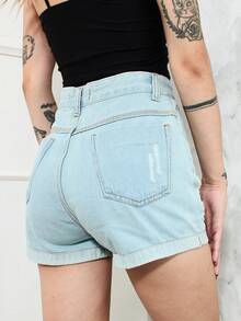 Women Denim Shorts - 淺色水洗藍 - 查看 9