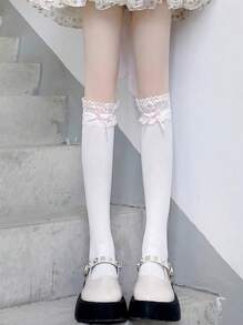 1pc Thin & Sweet Lace Trimmed Bowknot Decor Knee-High Socks