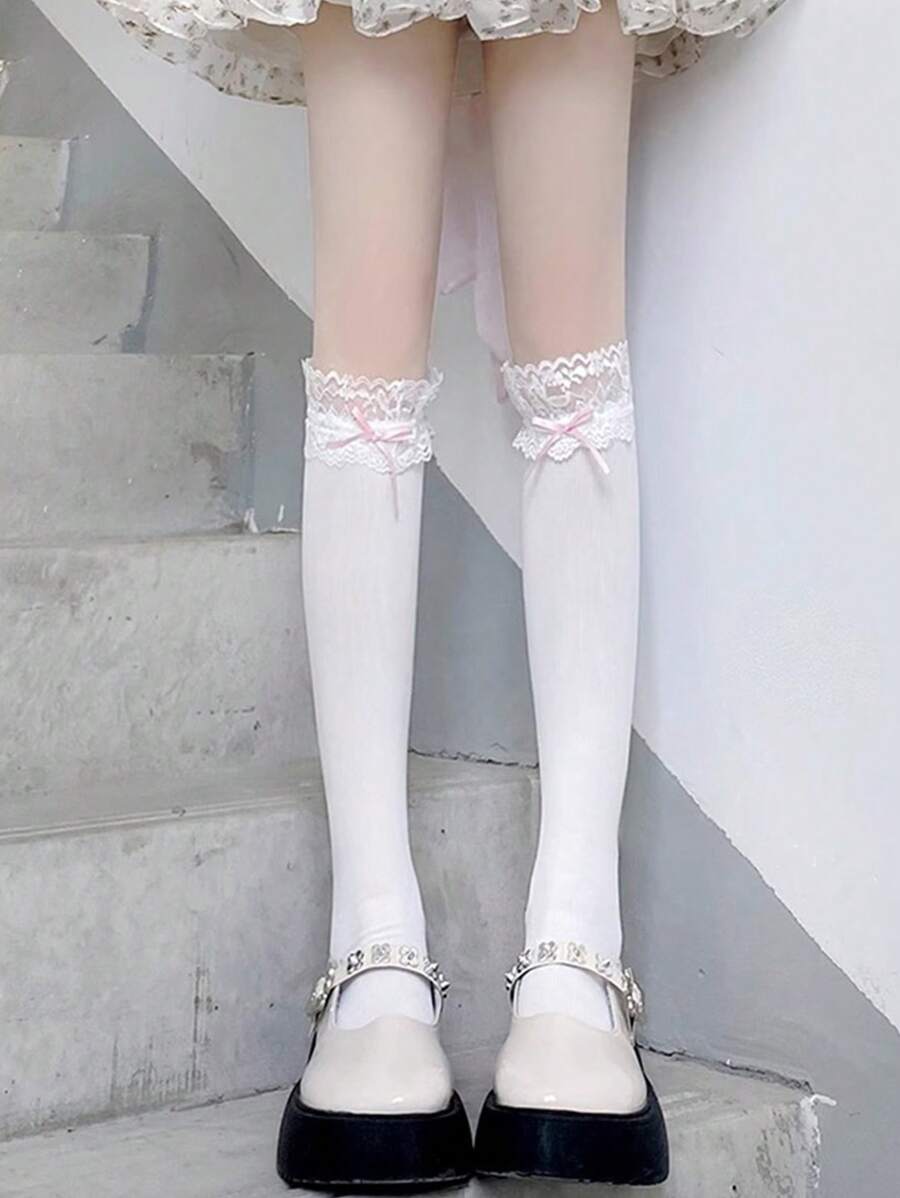 1pc Thin & Sweet Lace Trimmed Bowknot Decor Knee-High Socks