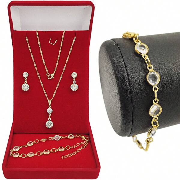 Colar Dourado Conjunto Feminino + Pulseira + Brincos Ideal Para Presentear