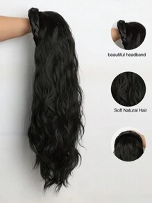 24英寸黑色发带假发，合成长卷发假发，蓬松波浪卷，耐热纤维假发，适合女性日常佩戴 - 黑色 - 查看 6