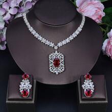 SEQUITO 3 件套独家奢华设计绿色迪拜婚礼珠宝套装全密镶 CZ 盾形长吊坠新娘耳环项链套装女士 - 45cm - 查看 14