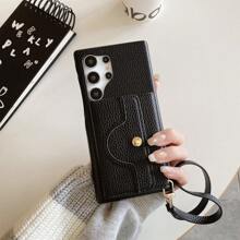 1 Ốp điện thoại họa tiết vải thiều màu trơn có dây đeo cổ, gương, ngăn đựng thẻ và chức năng ví, được làm bằng da chống chịu, tương thích hoàn hảo với Samsung Galaxy S20 S21 Fe S22 S23 S24 Plus Note 20 Ultra A52 A52 A54 A03 A12 A13 A14 A21 A22 A23 A24 A32 A34 A42 A71 A72 A81 5g 4g, Iphone 15 14 13 12 11 Pro Max Và Pixel 8 7 6 Pro 7a 6a 4xl - màu đen - Xem 2