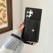 1 Ốp điện thoại họa tiết vải thiều màu trơn có dây đeo cổ, gương, ngăn đựng thẻ và chức năng ví, được làm bằng da chống chịu, tương thích hoàn hảo với Samsung Galaxy S20 S21 Fe S22 S23 S24 Plus Note 20 Ultra A52 A52 A54 A03 A12 A13 A14 A21 A22 A23 A24 A32 A34 A42 A71 A72 A81 5g 4g, Iphone 15 14 13 12 11 Pro Max Và Pixel 8 7 6 Pro 7a 6a 4xl - màu đen - Xem 3