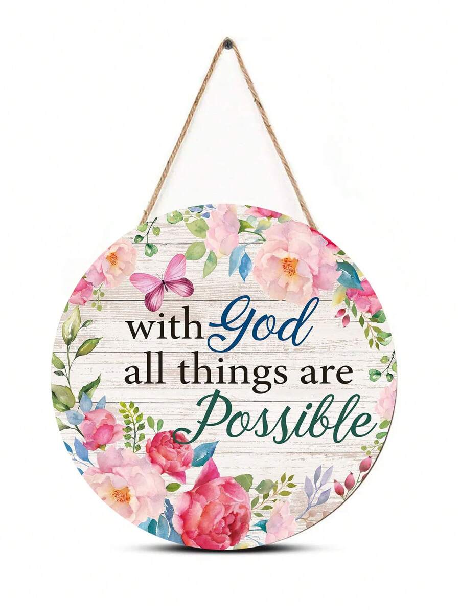 1 pièce Panneau de porte de bienvenue de printemps, avec la mention "Avec Dieu, tout est possible" en forme ronde en bois pour accroche murale. Décoration de porte d'été en bois avec fleurs et papillon pour la décoration de la maison, de la chambre et du mur. - Multicolore - Voir 1