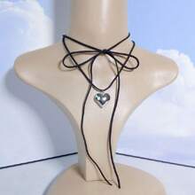 Adjustable Pull String Velvet Choker Necklace With Large Heart Pendant, The Pull String Can Be Styled In Different Ways According To Your Preferences - Silver - View 2