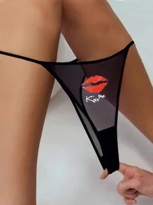 透氣網眼唇形圖案t字褲 - 黑色 - 查看 1