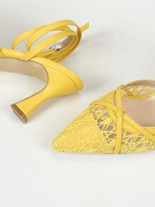 歐美風格時尚高跟鞋,尖頭網格鞋帶細跟鞋,適用於宴會和派對,具有減肥功效 - 黃色 - 查看 5