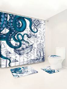 1pc/4pcs Waterproof Octopus Tentacles Nautical Map Decor Multi-Functional Bathroom Shower Curtain With 12 Hooks, Anti-Slip Bath Mat, U Shaped And Round Toilet Cover Set, Suitable For All Scene Use - Blue - View 6