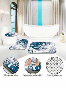 1pc/4pcs Waterproof Octopus Tentacles Nautical Map Decor Multi-Functional Bathroom Shower Curtain With 12 Hooks, Anti-Slip Bath Mat, U Shaped And Round Toilet Cover Set, Suitable For All Scene Use - Blue - View 9