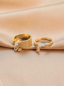 rakol 2pcs/Set Fashionable Cube & Waterdrop Shaped Embellished Women's Rings - Yellow Gold - View 4