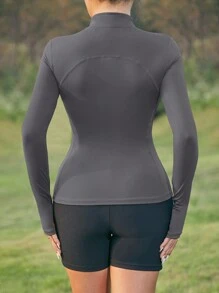 VUTRU 1pc Women Thumb Hole Sport Jacket, Slim Fit Running Yoga Outerwear - Grey - View 3