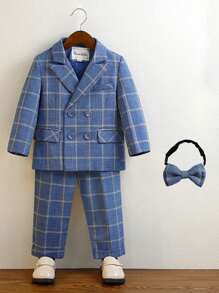 2pcs Young Boy Plaid Suit Set Including Suit Jacket, Pants And Bow Tie, Spring - Blue - View 2
