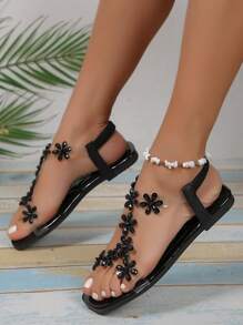 Summer Butterfly Rhinestone Series Elegant Flat Mid/High Heel Open Toe Sandals/Slippers For Women, Square/Round Toe, Bohemian Dance Party Evening - Black - View 7