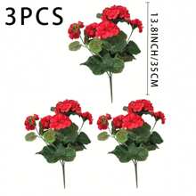 3 Piezas Arbusto De Géranos Artificiales Con Flores De Seda Con Flores Rojas, Rosadas Y Blancas, Para Decoración Del Hogar, Jardín, Bodas, Centros De Mesa - Rojo - Ver 2