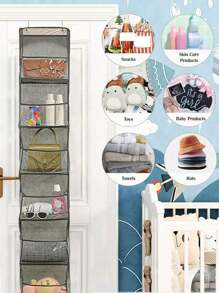 1个160厘米6格可折叠悬挂式收纳袋，适合存放零食、玩具、衣物，灰色，带2个挂钩，可悬挂在厨房/浴室墙壁/橱柜/门上。