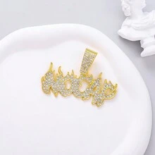 復古火焰設計嘻哈風格充分水鑽裝飾字母吊墜項鍊適合男人及女人,時尚情侶飾品,帶鏈條 - 彩色 - 查看 15