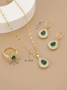 1pc Micro Inlaid Cz Stainless Steel Women's Necklace, 1pair Cz Inlaid Women's Earrings, 1pc Cz Inlaid Women's Ring