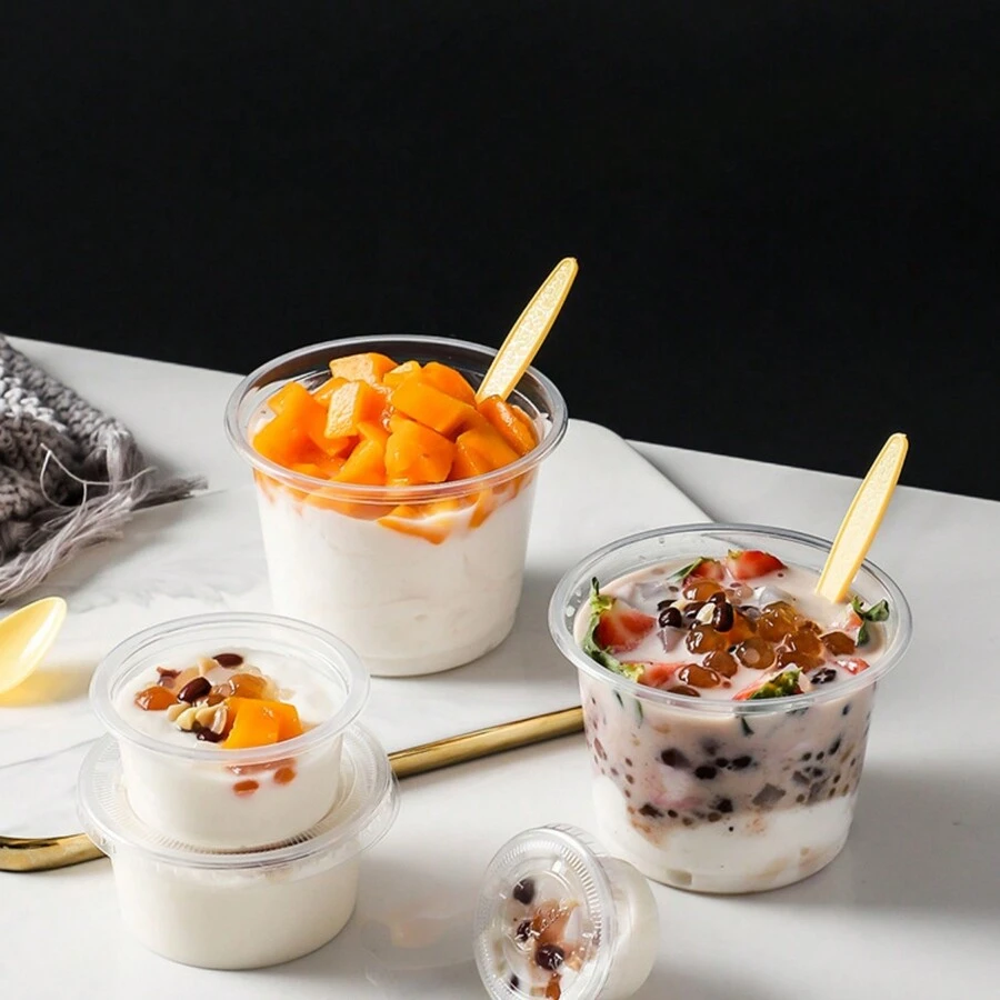布丁杯一次性塑料容器用於酸奶、雙層牛奶、水果、甜點、慕斯，帶蓋 - 透明 - 查看 1