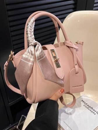 1pc Stylish And Simple Lock Buckle Faux Leather Handbag For Women, Can Be Worn As Shoulder Bag, Crossbody Bag Or Handbag. Includes A Scarf, Suitable For Daily Use, Bow Purse For Women