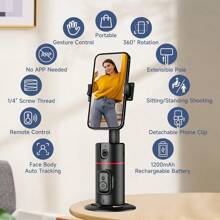 AXNEN 1 pieza Soporte de teléfono con seguimiento automático de rostro mejorado, trípode con seguimiento automático de rostro, control remoto de cámara, palo de selfie inteligente portátil integrado, soporte de cámara robot con rotación de 360° y seguimiento rápido de rostro y objetos, adecuado para transmisión en vivo de teléfonos inteligentes, compatible con iPhone 14/13/12/11 Pro/XS - Negro - Ver 3