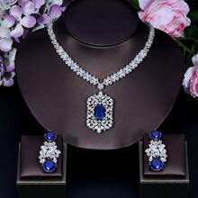 SEQUITO 3 件套独家奢华设计绿色迪拜婚礼珠宝套装全密镶 CZ 盾形长吊坠新娘耳环项链套装女士 - 45cm - 查看 15