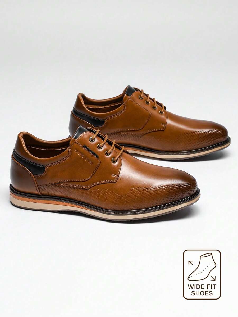 Men's Wide Fit Casual Dress Shoes Fashion Comfortable Suitable For A Range Of Occasions, Including Office Settings, Walking, Business Meetings, Casual Outings, Work, And Daily Events ,PU Upper With Hand-Made Sewing,Flexible TPR Sole With Rubber Outer - 棕色 - 查看 1