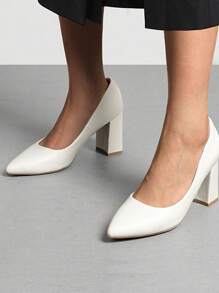 Women's High Heels Pointed Toe Chunky Heeled Block Classic Slip On For Spring Wedding Casual Or Formal Occasions Dress Pumps Shoes - 白色 - 查看 2