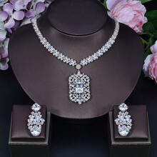 SEQUITO 3 件套独家奢华设计绿色迪拜婚礼珠宝套装全密镶 CZ 盾形长吊坠新娘耳环项链套装女士 - 45cm - 查看 12