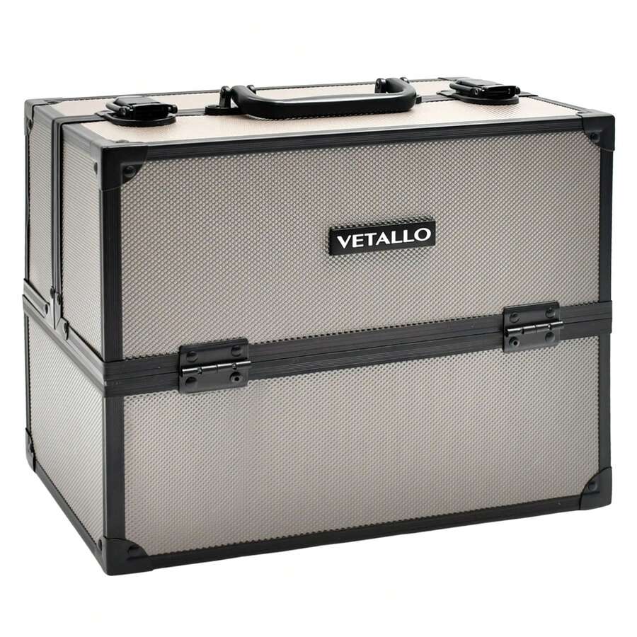 時尚黑灰色雙層四托盤開頂化妝盒,女性便攜式奢華化妝/工具組織者旅行盒帶鏡子 - 灰色 - 查看 1