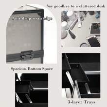 時尚黑灰色雙層四托盤開頂化妝盒,女性便攜式奢華化妝/工具組織者旅行盒帶鏡子 - 灰色 - 查看 3