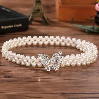 1pc Elegant Bohemian Style Butterfly Shaped Faux Pearl Waist Chain, With Rhinestone Buckle Decoration, Perfect For Wedding Season, Formal Dress, Ideal Dress Accessory For Wedding Summer, School Fall, Autumn, Halloween