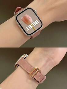 1 Pc Women's Fashion Leather Strap Compatible With Apple Watch 38/40/41/42/44/45/49/46mm, Compatible With Apple Smartwatch Ultra/SE/10/9/8/7/6/5/4/3/2/1, Slim Elegant Pink Band - Pink - View 1