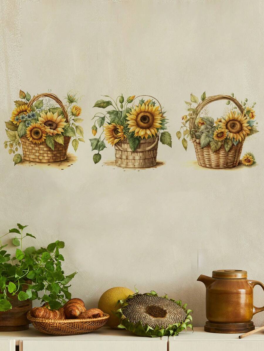 1 Miếng Tự dính Giấy dán tường Của Rổ Với Hoa hướng dương Đối với Phòng khách Và Phòng ngủ Đồ trang trí - Đồng - Xem 1