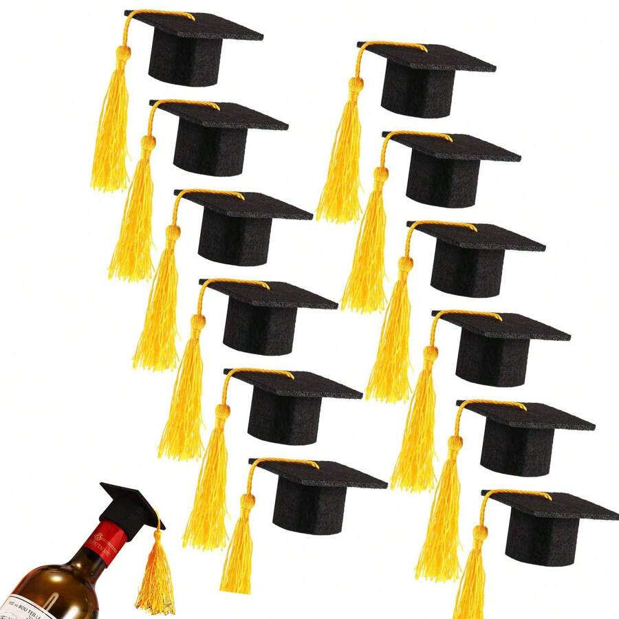 6 Packs 2024 Mini Graduation Caps With Tassels Grad Hat Cake Wine Bottle Toppers For Graduation Party Decorations - Black - View 1