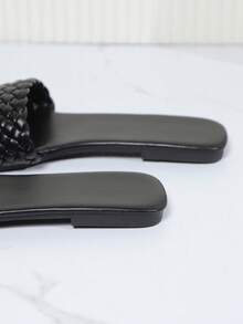 Teenagers' Weaved Pu Anti-Slip Abrasion Resistant Flat Open Toe Sandals With Square Toe For Outdoor Beach Vacation, Perfect For Summer - Black - View 6