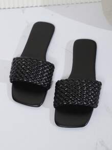 Teenagers' Weaved Pu Anti-Slip Abrasion Resistant Flat Open Toe Sandals With Square Toe For Outdoor Beach Vacation, Perfect For Summer - Black - View 1