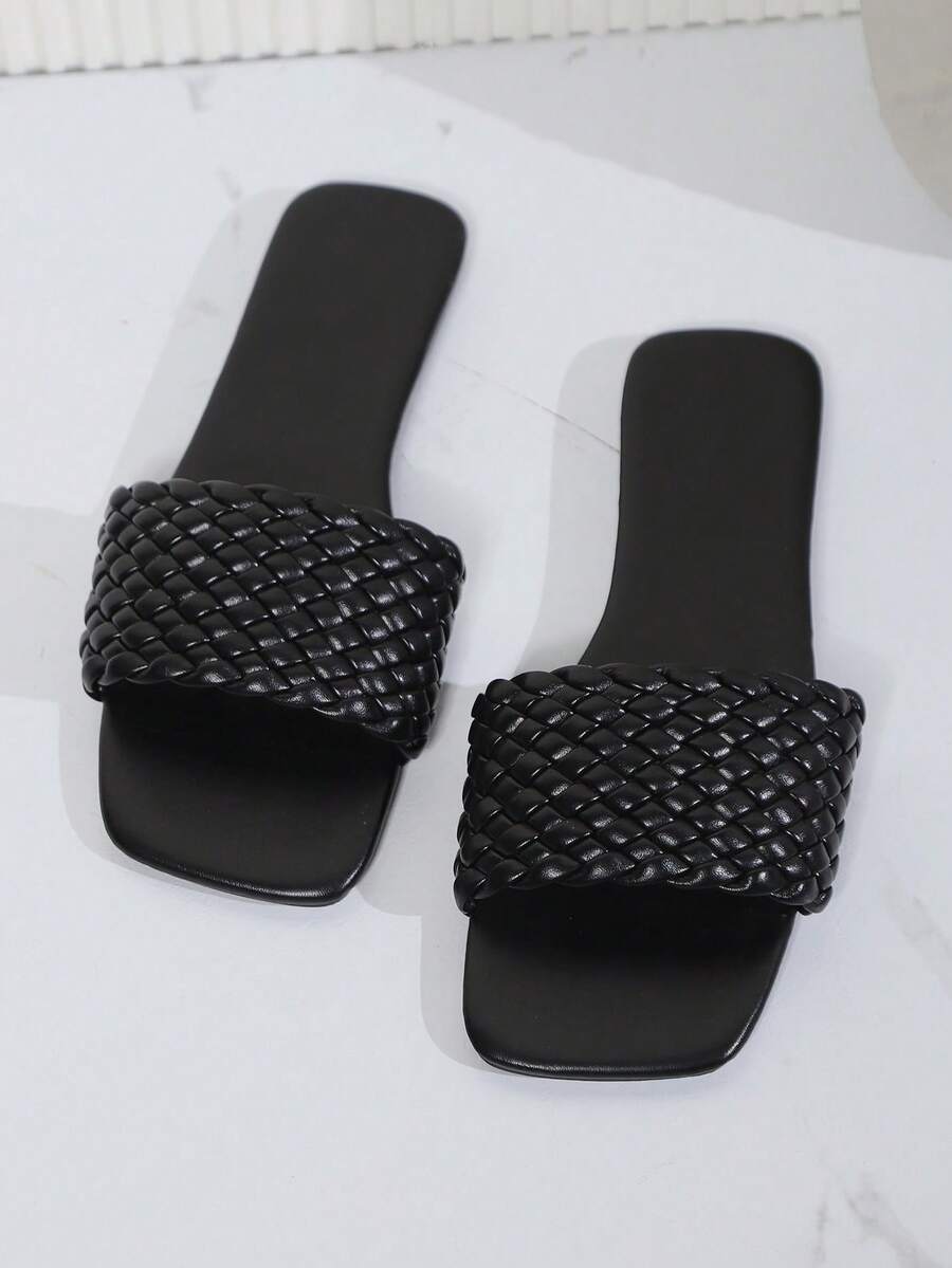 Teenagers' Weaved Pu Anti-Slip Abrasion Resistant Flat Open Toe Sandals With Square Toe For Outdoor Beach Vacation, Perfect For Summer - Black - View 1
