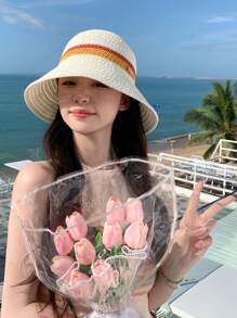 波西米亞風格1入女款高爾文字母編織漏斗帽，防紫外線，適合戶外活動、旅遊、度假和沙灘，男女適用，適合春夏日常配戴，附蝴蝶結 - 拼色 - 查看 16